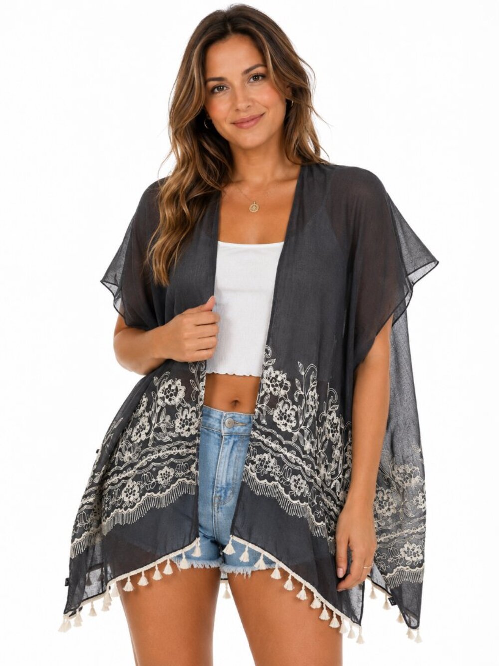 Cherie Bliss Sheer Embroidered Tassel Kimono Cover Up Charcoal Gray One Size